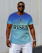 Men's Casual HE IS RISEN with Cross Printed Gradient Style Short Sleeve T-shirts